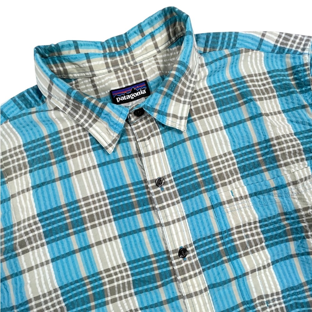 Patagonia Shirt Mens L Blue Plaid A/C Short Sleeve Button Down Seersucker Pocket